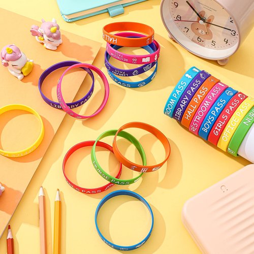 Misdary 24 Pcs Hall Pass Rubber Bracelets School Passes Silicone Bracelet Set Supplies Teacher Supplies for Classroom Elementary Middle School Nurse Restroom Library Office