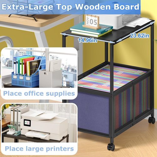 Regine Switzerland Lateral File Cabinet - Mobile Rolling File Cart with Wheels | Black Home Office Organizer