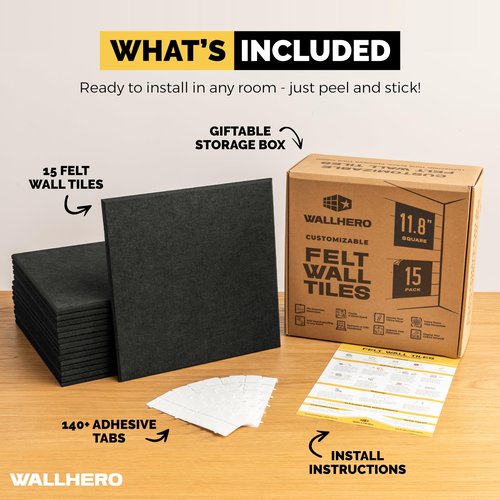 WALLHERO Large Cork Board for Wall 59" x 36", Black Bulletin Board | 15 Pack Felt Wall Tiles | Cork Boards for Office Pin Board Tack Board Cork Boards