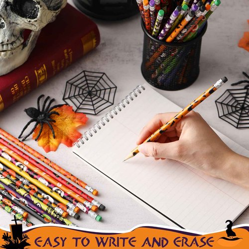 Crtiin 840 Pieces Halloween Pencils with Eraser Colorful Pencils Halloween Themed Pencil Novelty Ghost Pumpkin Skeleton Bat Spider Wood Pencils with Eraser Tops for Halloween Party Supplies