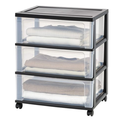 IRIS USA Plastic Drawer Storage Organizer Rolling Cart, with Wheels Casters, 3-Drawers, for Art Craft Supplies Bathroom Dorm Bedroom Laundry Room, Wide, Black