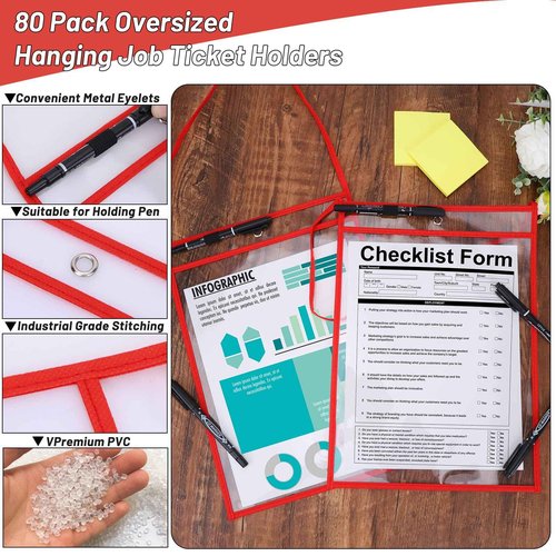 80 Pack Red Job Ticket Holder with Hanging Strap Shop Bulk Oversized Ticket Holders Work Order Plastic Sleeves 10 x 14 Dry Erase Pockets Reusable Repair Order Sleeves, Both Sides Clear