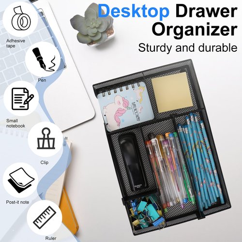 Desk Drawer Organizer Tray, with 2 Adjustable Compartments, Metal Mesh Drawer Organizer, Multifunction Desktop Drawer Organizer Organizer Set for Office, Home and School Supplies, 2PCS