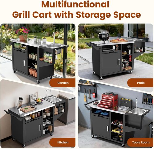 NUUK Grill Cart - Outdoor Kitchen Island with Sink & Storage Cabinet | Stainless Steel Top
