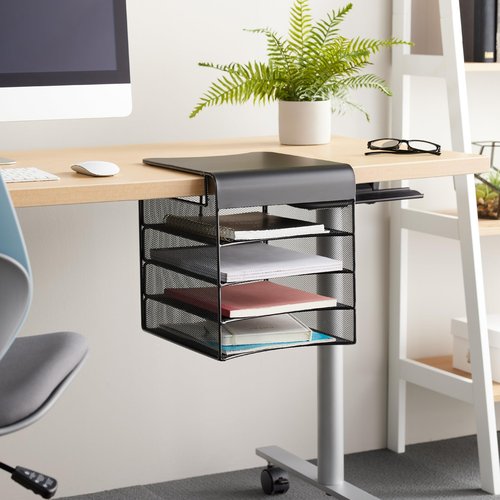 Safco Onyx Hanging Under Desk Organizer, 4 Trays, Office and Classroom Mailbox , Paper and Mail Sorter, Steel Mesh, Black