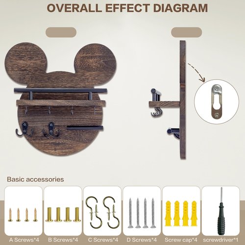 AIRPOP Disn Key Holder for Wall–Mouse Wooden Mail Organizer Wall Mount with Shelf and 6 Hooks, Easy Installation Key Rack Hanger for Entryway Living Room Home Decor (Brown)