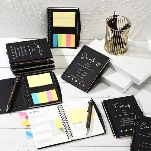 TecUnite 80 Pcs Motivational Spiral Notebooks with Sticky Notes Bamboo Pen Bulk Inspirational Journals Employee Appreciation Gifts for Teacher Team Coworker Colleagues Volunteer Nurse Staff (Black)