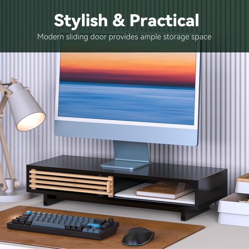 WELL WENG Monitor Stand Riser with Sliding Door, Computer Laptop Stand Desk Shelf Organizer with Storage (Black + Natural Bamboo, 25 Inch)