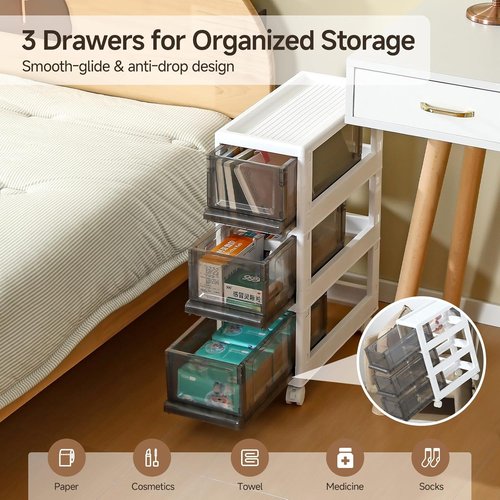Plastic 3 Drawer Storage Organizer - Narrow Storage Cart with Wheels for Small Spaces | 7.87-Inch Wide (White)