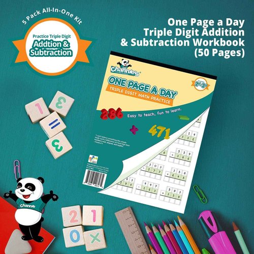 Channie’s All-In-One Kit, With Double & Triple Digit Math Practice Worksheets, Writing Pad, Math Line-Up Pad, Easy Peasy Cursive Handwriting Workbook for Kids, FREE ABC Card