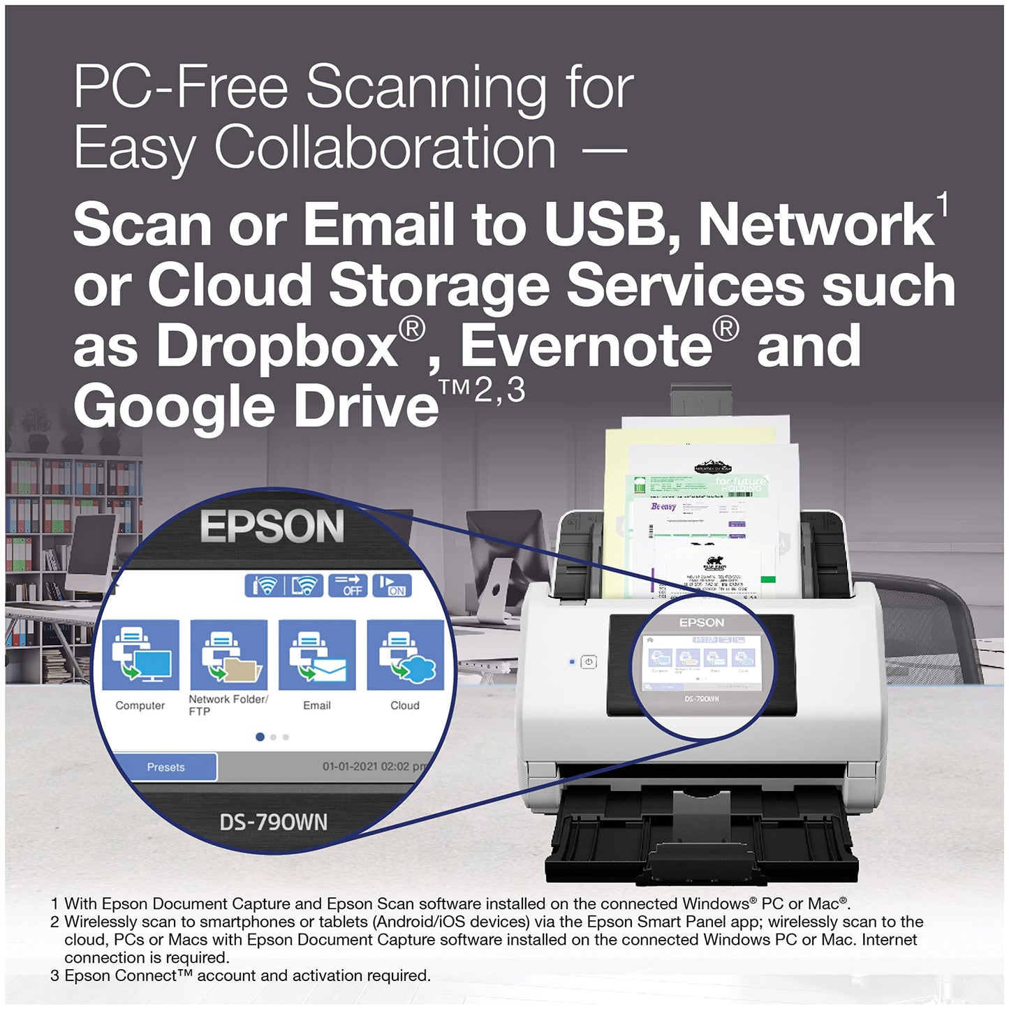 Epson DS-790WN Wireless Network Color Document Scanner for PC and Mac with Duplex Scanning,Computer-Free Function, 100-page Auto Doc Feeder (ADF) and 4.3" Colorful LCD Touchscreen