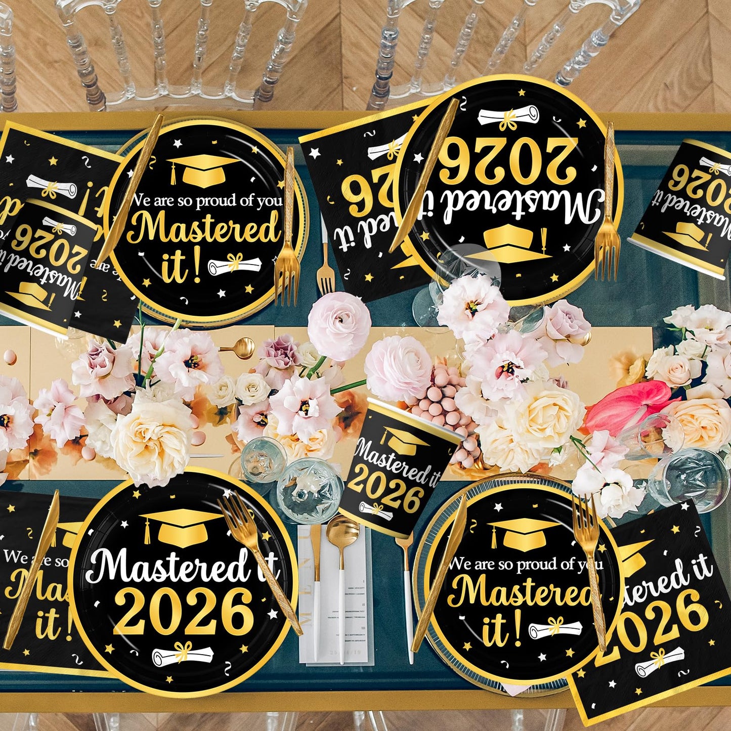 Graduation Decorations Class of 2026, Black Gold Mastered It 2026 Disposable Paper Plates Napkins and Cups for Master College High School Graduation Party Supplies Serve 25