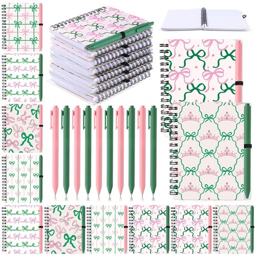 Resurhang 24 Pcs Princess and Witch Notebook Pen Pink and Green Party Favors Pink and Green Bow Ballpoint Pen Magical Crown 3.9 x 5.5 in Notebook Birthday Party Supplies Gift for Friend Office School