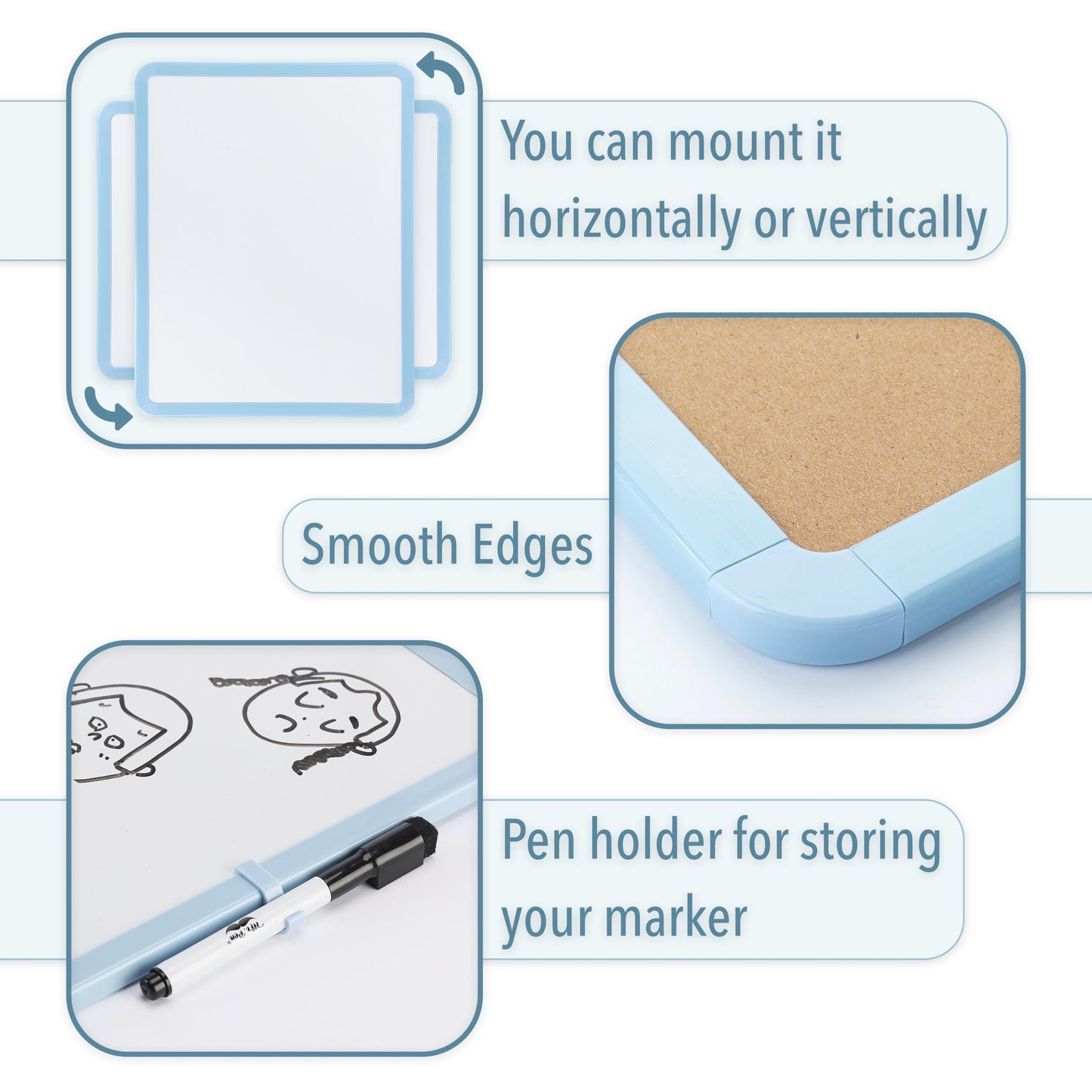 Mr. Pen- Dry Erase Board, 14” x 11” with a Black Dry Erase Marker, Blue Frame, Small Mini White Board for Students, Fridge, Wall, Locker, Includes Double Sided Tapes
