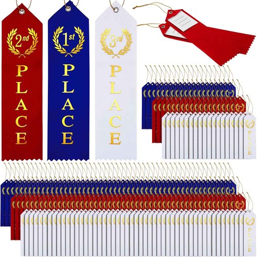 Outus 450 Pieces Award Ribbons 1st, 2nd, 3rd Place Flat Carded Set First Place Prizes with Event Card and Rope for Competition, Sports Event, School, Contests, Blue Red White
