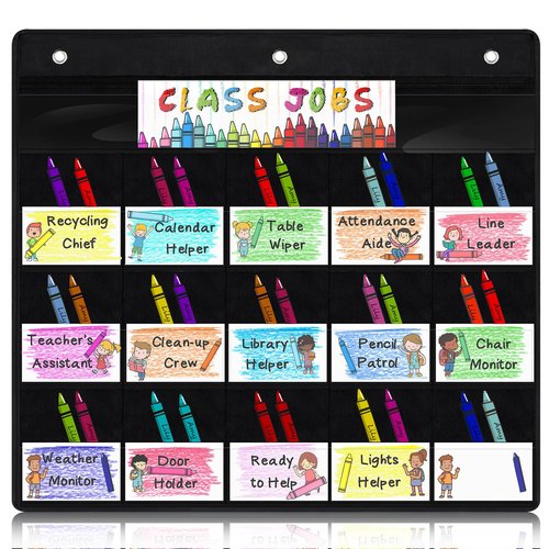 AmazingSpark Class Jobs Pocket Chart, Back to School Bulletin Board Class Management Pocket Chart Teacher's Helper Chalkboard Decor for Classroom with 98 Colorful Dry Erase Cards and 3 Hooks