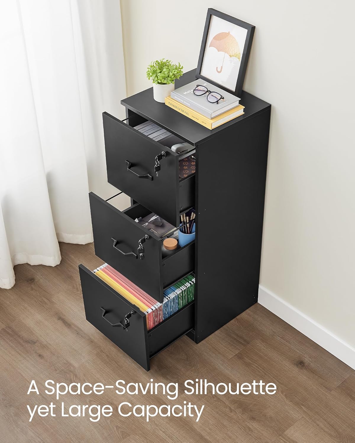 VASAGLE 3-Drawer Vertical File Cabinet - Lockable Storage for Home Office | Adjustable for A4 & Letter Size Files - Ink Black