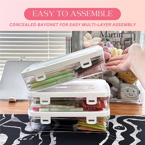 PTSGCAI 3pack Acrylic Stackable Box with Handle, Office Supplies Storage Organizer Box Pencil Box Plastic Organizer Holder, Clear Storage Box Organizing Bins-10x 6x 2.3