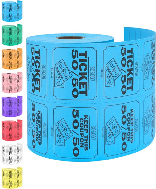 Tacticai 500 Raffle Tickets, 50/50, Blue (1 of 8 Colors), Double Roll, Large Ticket for Events, Entry, Class Reward, Fundraiser & Prizes