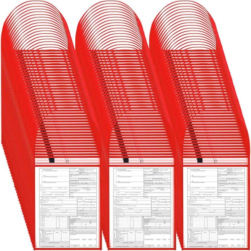 80 Pack Red Job Ticket Holder with Hanging Strap Shop Bulk Oversized Ticket Holders Work Order Plastic Sleeves 10 x 14 Dry Erase Pockets Reusable Repair Order Sleeves, Both Sides Clear