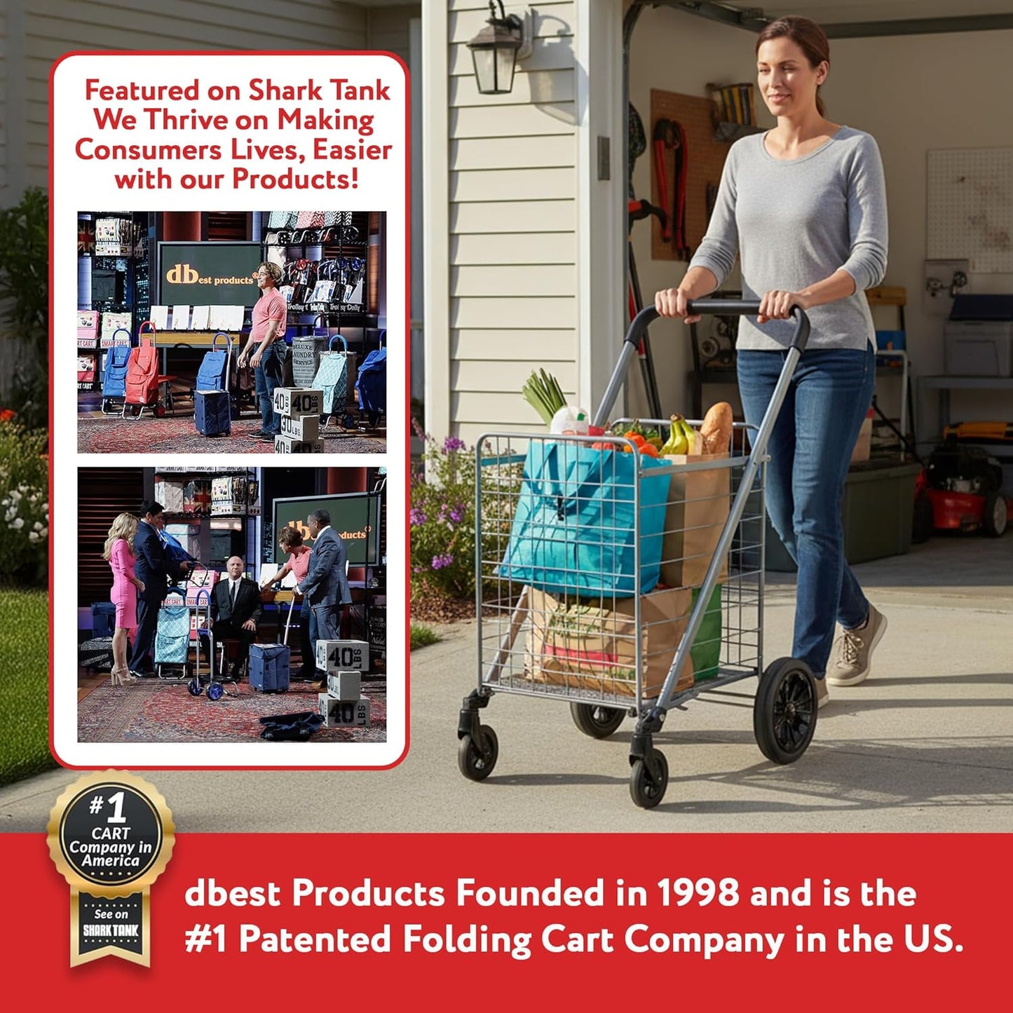 **dbest Products Cruiser Cart Deluxe - Heavy-Duty Foldable Shopping Cart with Wheels & Brake - 100 lbs Capacity, Silver Alloy Steel**