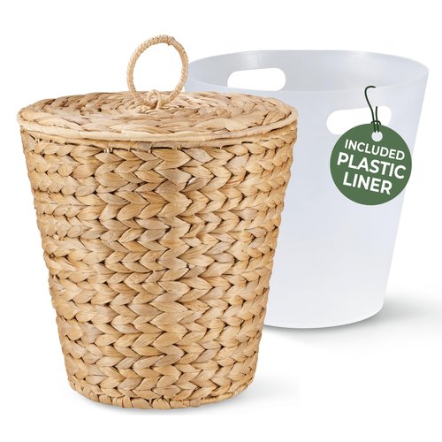 84ECO 3 Gallon Wicker Trash Can with Lid and Liner - Rattan Trash Can - Wicker Waste Basket for Bathroom, Bedroom, Kitchen, Living Room