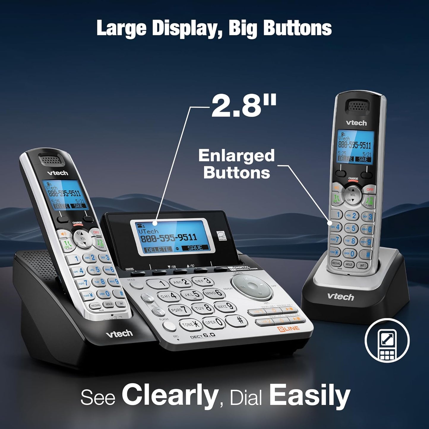 VTech 2-Line Cordless Phone - Home & Business Use with Answering System | Caller ID, Intercom, Hearing Aid Compatible (Black/Silver)