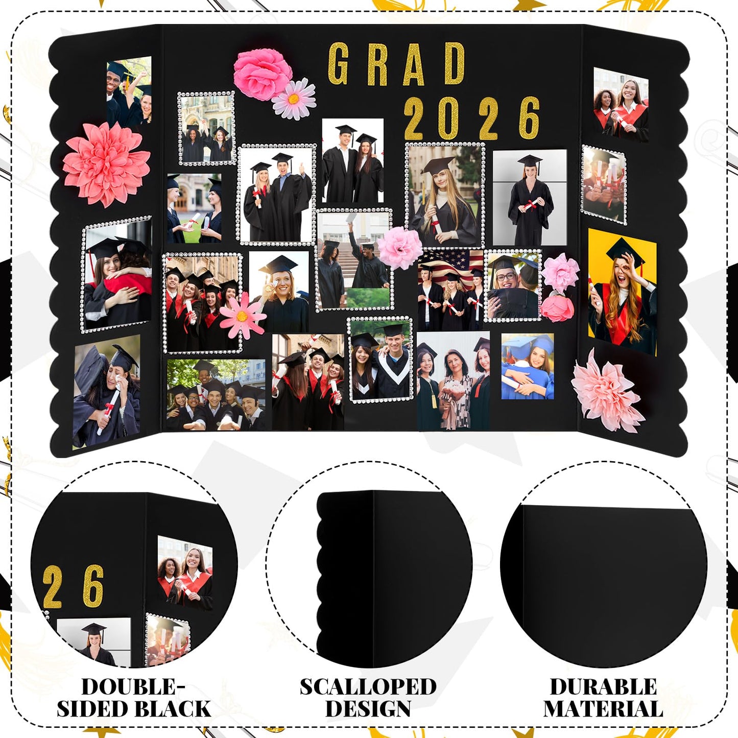 Marspark 2 Pack Large Graduation Photo Display Board 31.5 x 19.7 Inches Trifold Poster Board with Artificial Flowers for Class of 2026 Grad Party Picture Display Graduation Photo Frames Table Decor