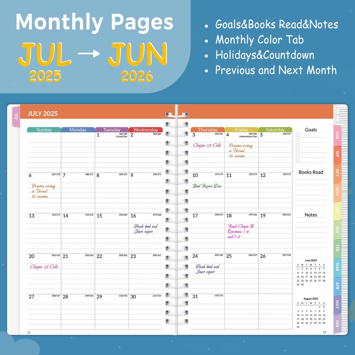 SUNEE Elementary Student Planner 2025-2026, Dated Academic Year Jul. 2025 - Jun. 2026, 6.5"×8.3" School Planner for Kids, Datebooks Weekly & Monthly Plan Book with Bookmark/Monthly Tabs, Blue Rainbow