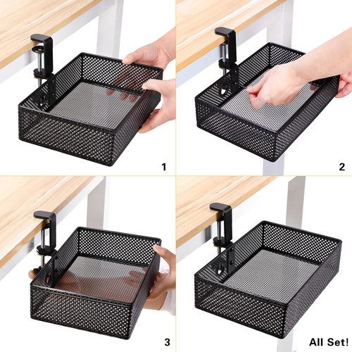 Euyona Mesh Desk Organizer and Clamp-on Swivel Pencil Drawer, Desk Hidden Extra Sturdy C-Clamp Mount System and Easy to Instal, Home Office Art Supply Storage Box (Black)