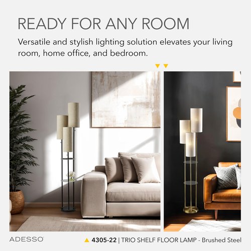 Adesso Trio Floor Lamp with Three Pull Chain Lights and Two-Tier Storage, Brushed Steel Base, White Linen Shades, 68” Tall, Enhances Room Decor and Lighting