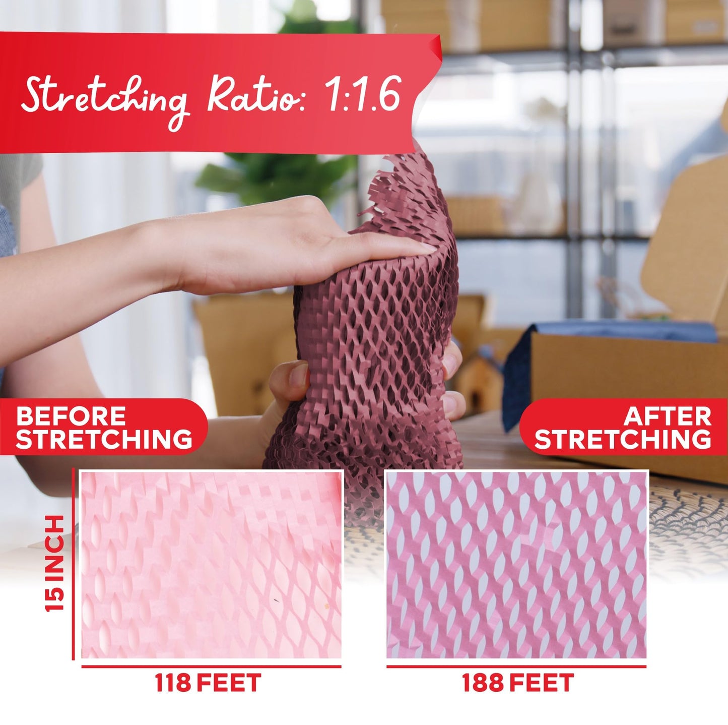 Pink Honeycomb Packing Paper for Moving 15-Inch x 118-Feet Bubble Honeycomb Wrap, Honeycomb Wrapping Paper for Packing Cushion with 30 Fragile Stickers Packing Supplies by Xfasten