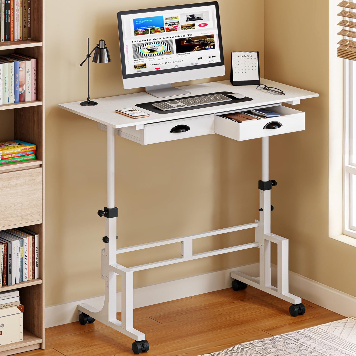 Adjustable Height Standing Desk with 2 Storage Drawers, Mobile Rolling Sit Stand Desk with Lockable Wheels, Stable Height Adjustable 31.5"-43.3" Computer Workstation for Treadmill, Home Office Study