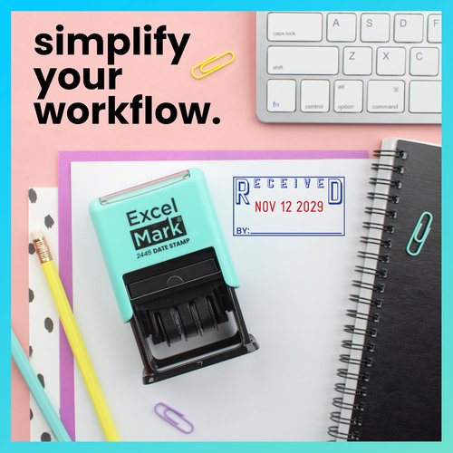 ExcelMark 2445 Date Stamp with Text - Blue and Red Ink (Seafoam Mount, Received)