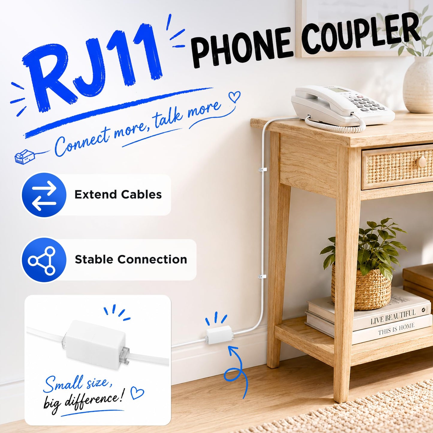 Uvital 50FT Phone Extension Cord RJ11 with Coupler & Cable Clips, White