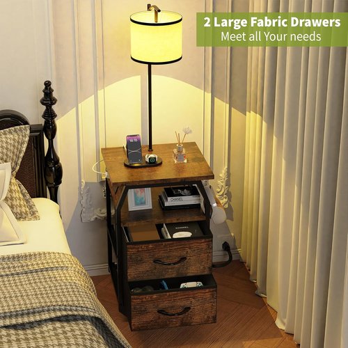 Runjuly Floor Lamp with Table - 3-Color Temperature Bulb, 2 Drawers & Charging | Rustic Brown Design for Bedroom & Apartment