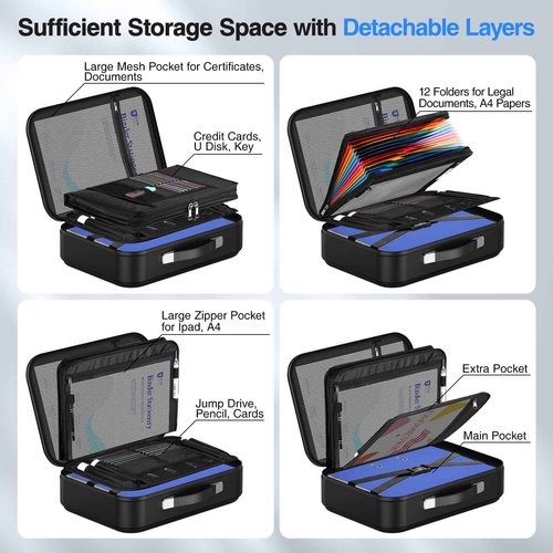 FUZVOL Fireproof Document Box Hard Case Fire Proof Safe with Lock Important Document Organizer Hard-Shell Design Waterproof Portable File Organizer for Certificates Valuables Storage, Black