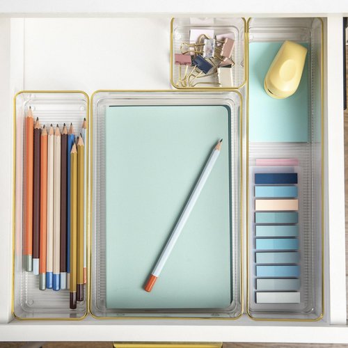 Martha Stewart Kerry Plastic Stackable Office Desk Drawer Organizers, Set of 8, with Gold Trim