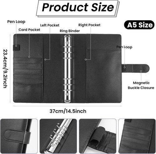 JIANTA A5 PU Leather Ring Binder - Refillable 6 Ring Cover for A5 Filler Paper | Black Budget Notebook