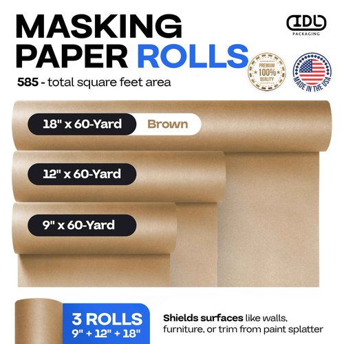 IDL Packaging Masking Paper Set of 9, 12" and 18" Brown Masking Paper Rolls (60-Yard Long) to Cover Area - Perfect for Home Improvements