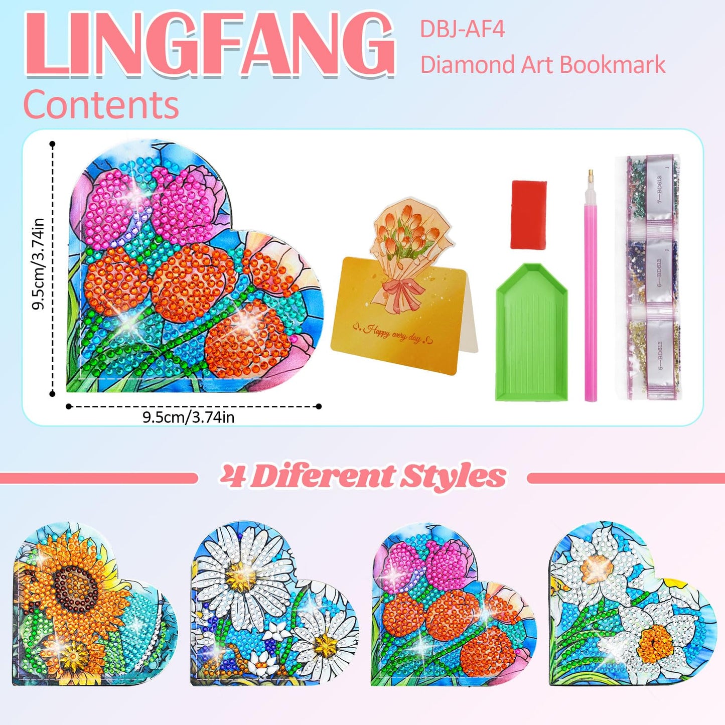 LINGFANG 4 Pcs Diamond Painting Bookmark, DIY Corner Book Makers for Adults Book Lovers, Diamond Dot Art Beginners, Small Diamond Art Kits, Paint by Art Crafts Gift for Women Girls (Heart Flower)