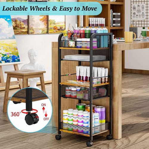 5-Tier Metal Rolling Utility Cart with Drawer, Craft Storage Cart with DIY Divider and Lockable Wheel, Versatile Paint Brush Holder & Paint Organizer & Craft Organizers and Storage for Drawing Room