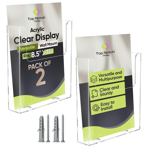 Top Notch Displays Acrylic Brochure Holder for Wall Mounting, Clear Display for 8.5" x 11" Flyers, Literature Holder for Magazines, Pamphlets, Menus, Includes Screws & Plastic Anchors – Pack of 2