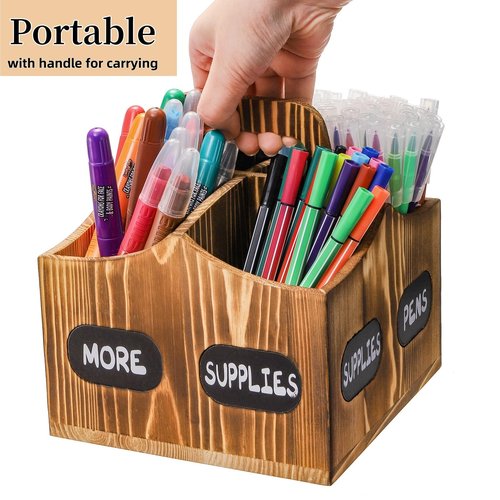 Covzoe Wood Rotating Pen Holder, 360 Degree Spinning Art Supply Organizer with Handle, 4 Slots Lazy Susan Desktop Organizer, Makeup Storage Caddy for Pencil Art Brush School, Home, Office