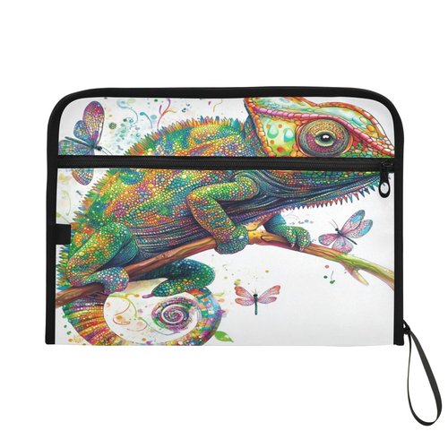 13 Pockets Expanding File Folders with Labels A4 Letter Size Paper Accordion Document Organizer with Zipper Office School Cartoon Chameleon Reptile White