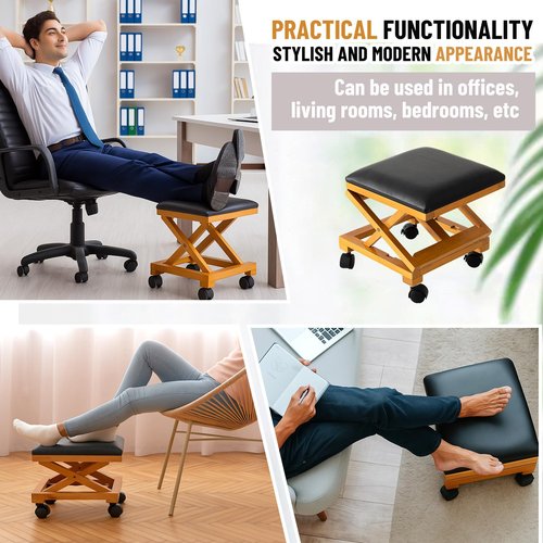 CroBlissful 2 Pack Rolling Adjustable Foot Rest Foldable Under Desk Ottoman with Wheels Leather Foldaway Guitar Foot Stool for Home Office Living Room Bedroom