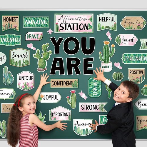 Skiennix 45-Piece Cactus Affirmation Station Set - Motivational Posters & Cutouts for Classroom Decor