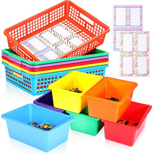 Blosssound 12 Pack Storage Bin Basket Organizers with Label Stickers 6 Plastic Toy Storage Containers 6 A4 Paper Plastic Trays Stackable Organizer Set for Classroom Library Home School Supplies