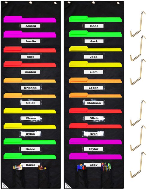 COMPONO Wall Storage Pocket Charts for Classroom (10 Pocket - 2 Pack, Black w/ window) File Organizers - Best Hanging File Pocket Chart for School, Classroom, Home or Office Use. Wall Pocket Chart