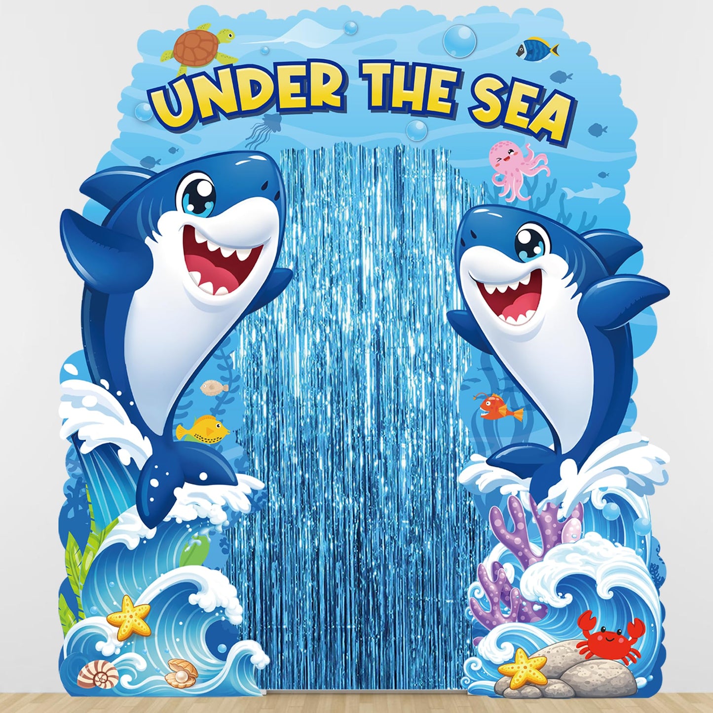 Ocean Theme Door Banner Decoration with Blue Foil Fringe Curtains Under the Sea Porch Signs Summer Birthday Party Decorations Ocean Photo Booth Backdrop Hanging Decor 94.5 x 91 Inch